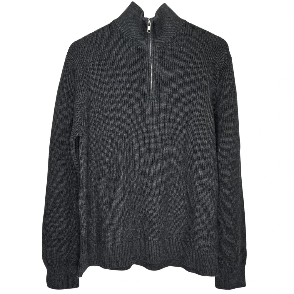 Quince Mens Organic Cotton Ribbed Stitch Quarter-Zip‎ Sweater Charcoal Heather L